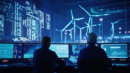 Group of wind turbine engineers discussing blueprints and data in a control room, with digital screens displaying turbine information blue neonの素材