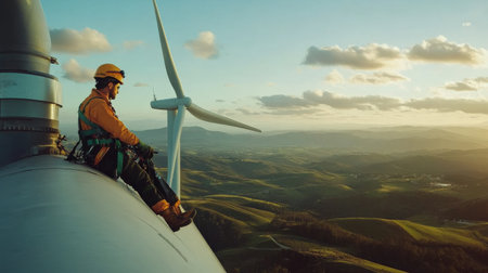 Wind turbine engineer performing maintenance on a turbine's nacelle, high above the ground, with expansive viewsの素材