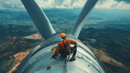 Wind turbine engineer performing maintenance on a turbine's nacelle, high above the ground, with expansive viewsの素材