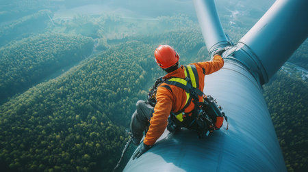 Wind turbine engineer performing maintenance on a turbine's nacelle, high above the ground, with expansive viewsの素材
