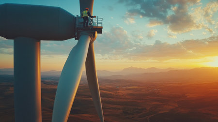 Wind turbine engineer performing maintenance on a turbine's nacelle, high above the ground, with expansive viewsの素材