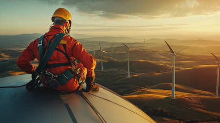 Wind turbine engineer climbing up the tower ladder, safety harness secured, with turbines spread across the landscapeの素材