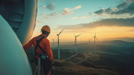 Wind turbine engineer climbing up the tower ladder, safety harness secured, with turbines spread across the landscapeの素材