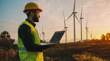 Wind turbine engineer using a laptop to monitor turbine performance, standing near a row of towering wind turbinesの素材