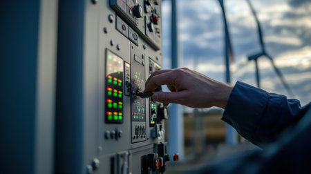 Close-up of a wind turbine engineer hands adjusting a control panel, with turbines visible in the backgroundの素材