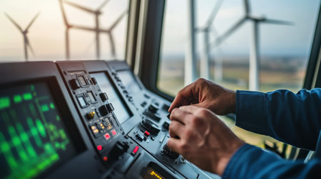 Close-up of a wind turbine engineer hands adjusting a control panel, with turbines visible in the backgroundの素材