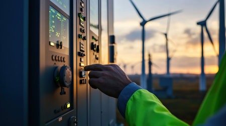 Close-up of a wind turbine engineer hands adjusting a control panel, with turbines visible in the backgroundの素材