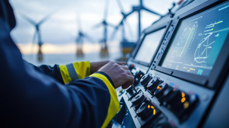 Close-up of a wind turbine engineer hands adjusting a control panel, with turbines visible in the backgroundの素材