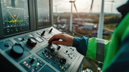 Close-up of a wind turbine engineer hands adjusting a control panel, with turbines visible in the backgroundの素材