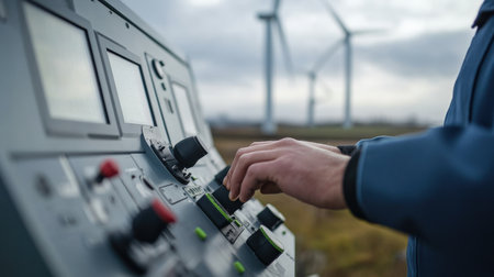 Close-up of a wind turbine engineer hands adjusting a control panel, with turbines visible in the backgroundの素材
