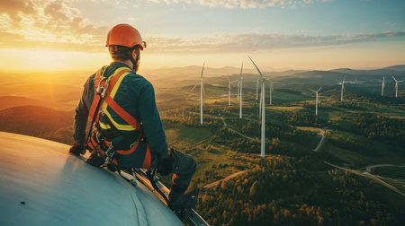 Wind turbine engineer climbing up the tower ladder, safety harness secured, with turbines spread across the landscapeの素材