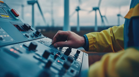 Close-up of a wind turbine engineer hands adjusting a control panel, with turbines visible in the backgroundの素材