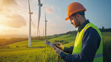 Wind turbine engineer in safety gear, checking electrical systems at the base of a turbine, surrounded by green fieldsの素材
