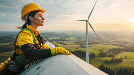 Wind turbine engineer in safety gear, checking electrical systems at the base of a turbine, surrounded by green fieldsの素材