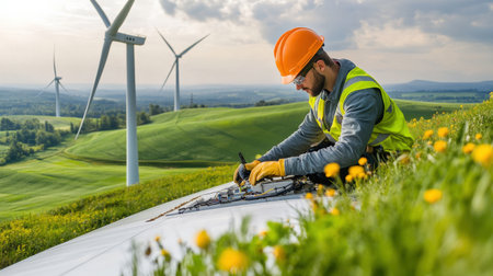 Wind turbine engineer in safety gear, checking electrical systems at the base of a turbine, surrounded by green fieldsの素材