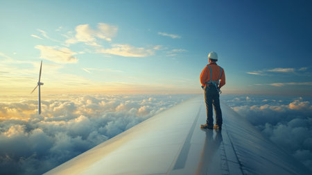 Wind turbine engineer inspecting a turbine blade from a high vantage point, against a backdrop of blue sky and cloudsの素材