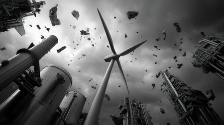 Overlapping footage of a wind turbine and industrial machinery, symbolizing the shift to renewable energy Sustainability, green energyの素材
