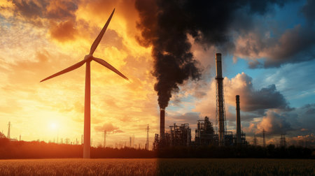 Overlapping footage of a wind turbine and industrial machinery, symbolizing the shift to renewable energy Sustainability, green energyの素材