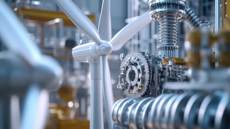 Overlapping footage of a wind turbine and industrial machinery, symbolizing the shift to renewable energyの素材