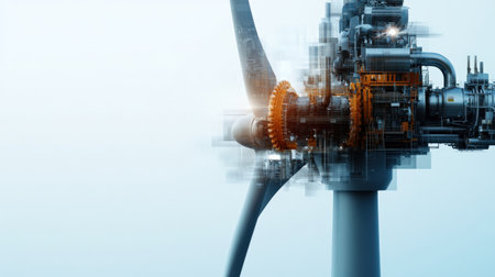 Overlapping footage of a wind turbine and industrial machinery, symbolizing the shift to renewable energyの素材