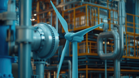 Overlapping footage of a wind turbine and industrial machinery, symbolizing the shift to renewable energyの素材