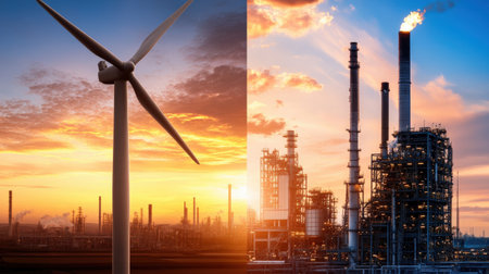 Overlapping footage of a wind turbine and industrial machinery, symbolizing the shift to renewable energy Sustainability, green energyの素材