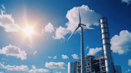 Overlapping footage of a wind turbine and industrial machinery, symbolizing the shift to renewable energy Sustainability, green energyの素材