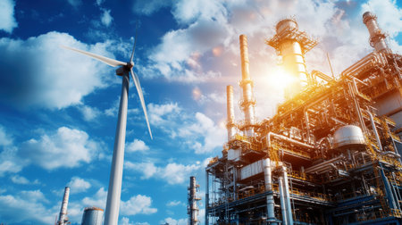 Overlapping footage of a wind turbine and industrial machinery, symbolizing the shift to renewable energy Sustainability, green energyの素材