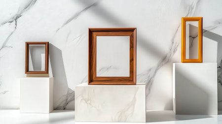 Blank wooden frame on pure white background, isolated and ready for custom artworkの素材