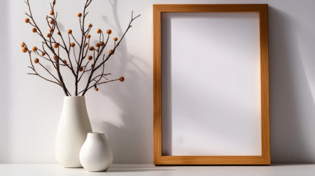 Elegant wooden frame on white, blank and isolated, perfect for creative presentationsの素材