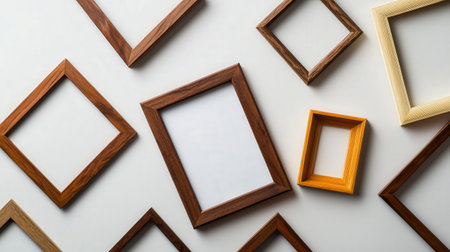 Wooden picture frames on white wall background. View from above.の素材