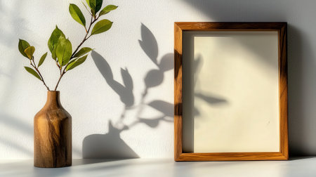 Simple wooden frame on a clean white background, empty and ready for creative displayの素材