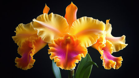 A vibrant Cattleya orchid in full bloom, displaying its ruffled petals in bright yellow and orangeの素材