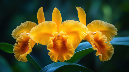 A vibrant Cattleya orchid in full bloom, displaying its ruffled petals in bright yellow and orangeの素材
