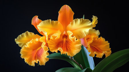 A vibrant Cattleya orchid in full bloom, displaying its ruffled petals in bright yellow and orangeの素材