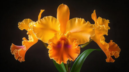 A vibrant Cattleya orchid in full bloom, displaying its ruffled petals in bright yellow and orangeの素材