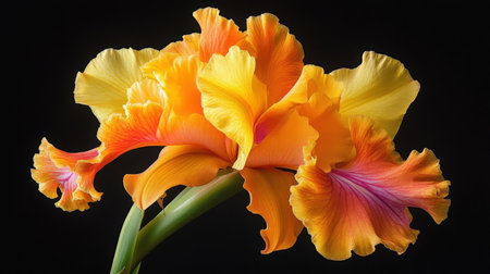 A vibrant Cattleya orchid in full bloom, displaying its ruffled petals in bright yellow and orangeの素材