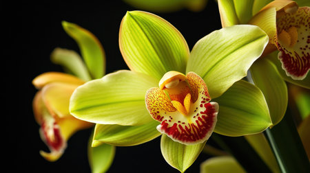 A close-up of Cymbidium orchid, showcasing its rich green and yellow petals with a vibrant red lipの素材