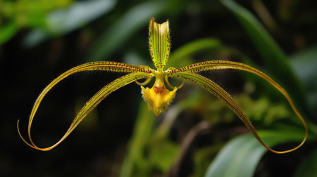 A blooming Brassia orchid, commonly known as the Spider Orchid, with its long, spidery petalsの素材