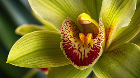A close-up of Cymbidium orchid, showcasing its rich green and yellow petals with a vibrant red lipの素材