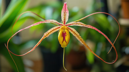 A blooming Brassia orchid, commonly known as the Spider Orchid, with its long, spidery petalsの素材