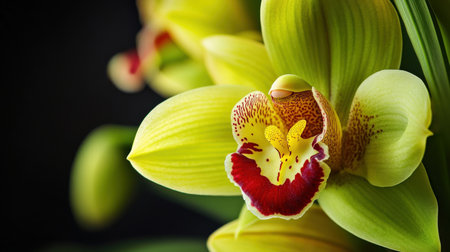 A close-up of Cymbidium orchid, showcasing its rich green and yellow petals with a vibrant red lipの素材