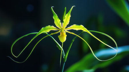 A blooming Brassia orchid, commonly known as the Spider Orchid, with its long, spidery petalsの素材