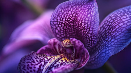 A close-up of Zygopetalum orchid with its intricate patterns and rich purple huesの素材
