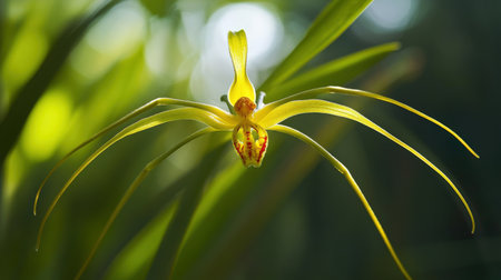 A blooming Brassia orchid, commonly known as the Spider Orchid, with its long, spidery petalsの素材