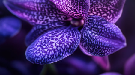 A close-up of Zygopetalum orchid with its intricate patterns and rich purple huesの素材