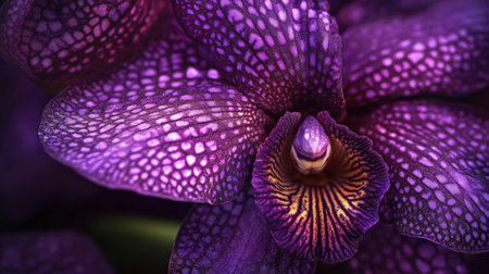 A close-up of Zygopetalum orchid with its intricate patterns and rich purple huesの素材