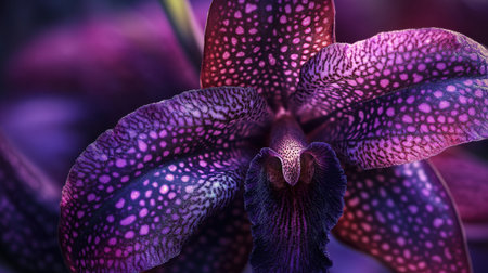 A close-up of Zygopetalum orchid with its intricate patterns and rich purple huesの素材