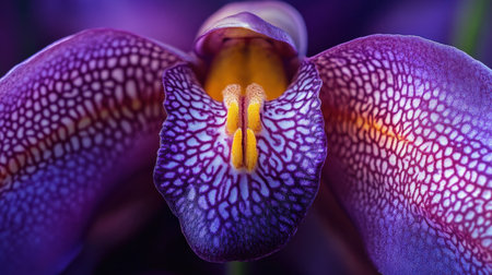 A close-up of Zygopetalum orchid with its intricate patterns and rich purple huesの素材