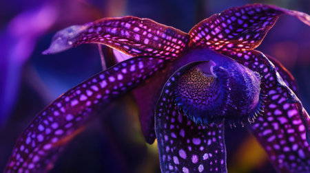 A close-up of Zygopetalum orchid with its intricate patterns and rich purple huesの素材